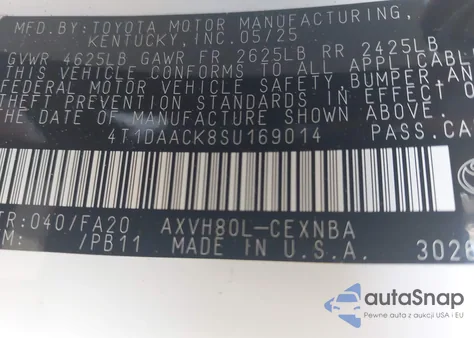 2025 Toyota Camry Le из США, поврежденный, VIN 4T1DAACK8SU169014